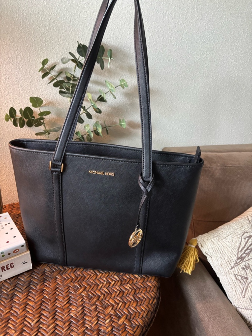 Michael Kors Black Leather Sady laptop Tote with Gold Accents